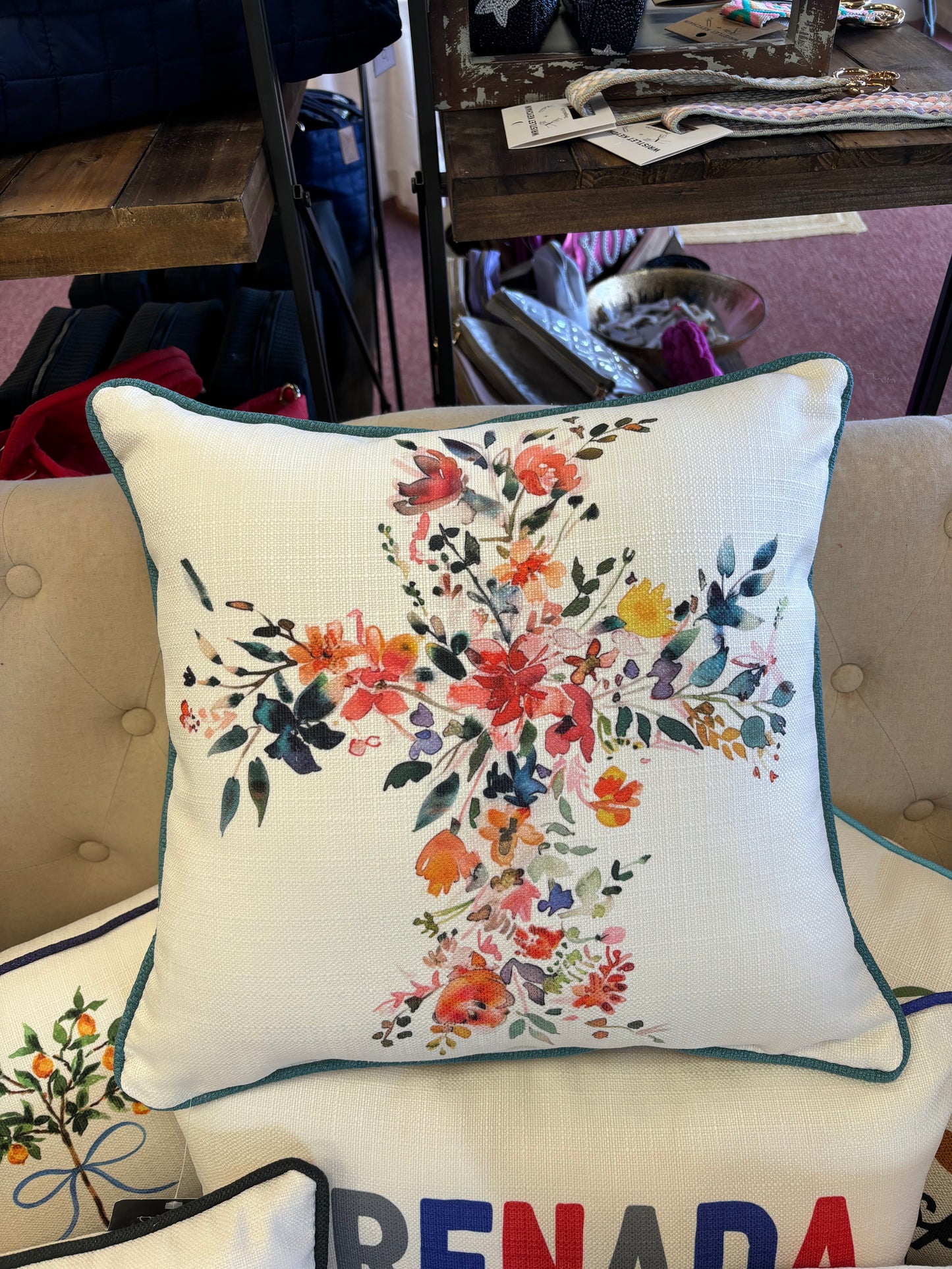 Little Birdie Floral Cross Pillow