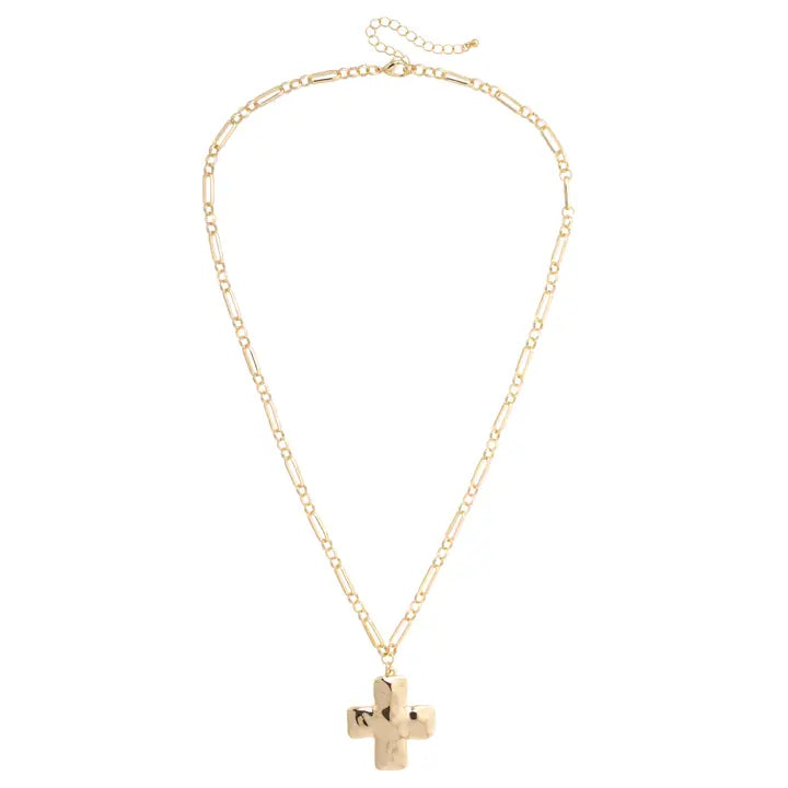Haley Hammered Cross Necklace in Shiny Gold