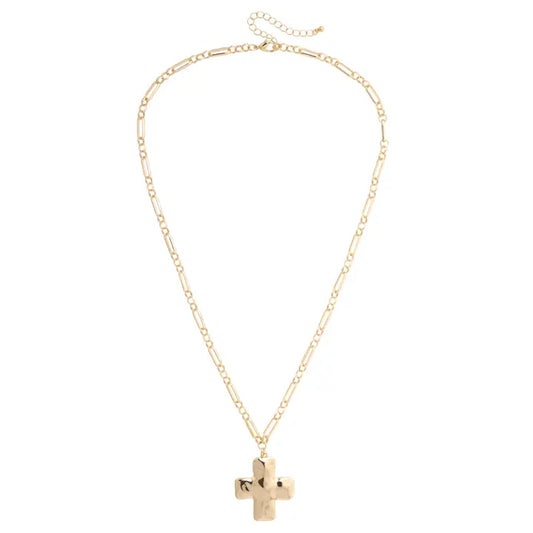 Haley Hammered Cross Necklace in Shiny Gold