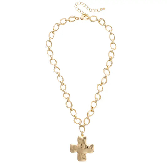 Elise Hammered Cross Cable Chain Necklace in Shiny Gold